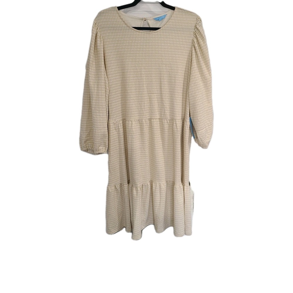 Draper James RSVP Dress 2XL Puff Sleeve Gold & White Chevron‎ Tiered Womens